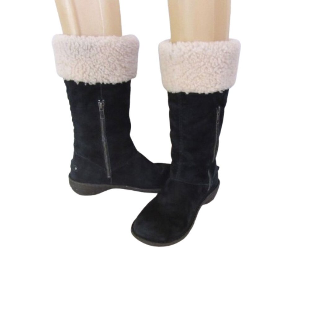 UGG Black Karyn Mid Calf Sheepskin Cuff Suede Leather Boots Size 7 Womens Side Z